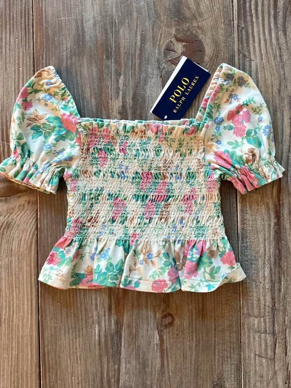 Polo by Ralph Lauren Cream Floral Smocked Puff-Sleeve girls 4 NWT
